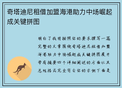 奇塔迪尼租借加盟海港助力中场崛起成关键拼图 奇塔迪尼租借加盟海港助力中场崛起成关键拼图
